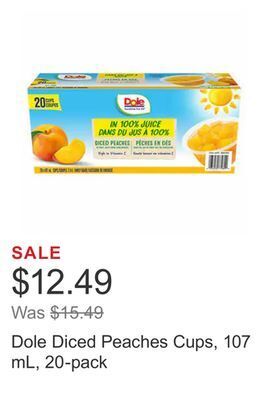 Costco Dole diced peaches cups, 107 ml, 20-pack offer