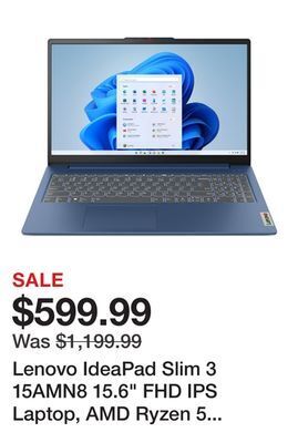 Newegg Lenovo ideapad slim 3 15amn8 15.6 fhd ips laptop, amd ryzen 5 7520u quad core 2.8ghz-4.3ghz, amd radeon 610m graphics, 8gb dd offer