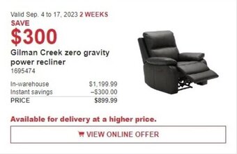 Costco Gilman Creek zero gravity power recliner offer