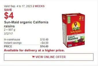 Costco Sun-Maid organic California raisins offer