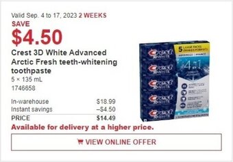 Costco Crest 3D White Advanced Arctic Fresh teeth-whitening toothpaste offer