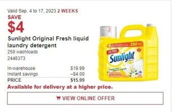 Costco Sunlight Original Fresh liquid laundry detergent offer