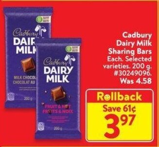 Walmart Cadbury Dairy Milk Sharing Bars 200 g offer