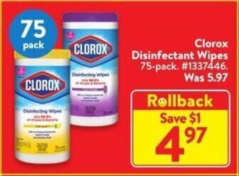 Walmart Clorox Disinfectant Wipes 75-pack offer