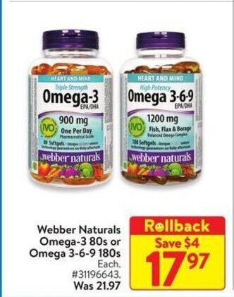 Walmart Webber Naturals Omega 3 80s or Omega 3-6-9 180s offer