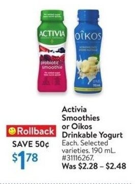 Walmart Activia Smoothies or Oikos Drinkable Yogurt 190 mL offer