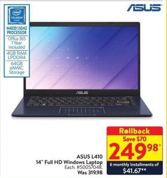 Walmart ASUS L410 14" Full HD Windows Laptop offer