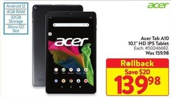 Walmart Acer Tab A10 10.1" HD IPS Tablet offer