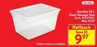 Walmart Sterilite 55 l clear storage tote offer