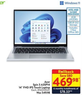 Walmart Acer spin 3 a3sp14 14 fhd ips touch laptop offer