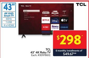 Walmart Tcl 43 4k roku tv offer