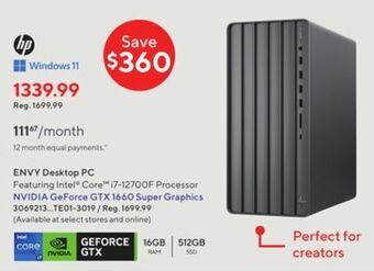 Staples Hp envy te01-3019 desktop pc - intel core i7-12700f - nvidia geforce gtx 1660 super - 512 gb ssd offer