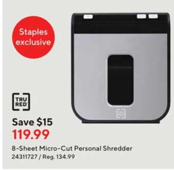 Staples Tru red 8-sheet micro-cut personal shredder offer