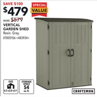 Lowe's Craftsman vertical garden shed offer