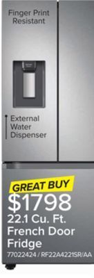 Leon's Samsung stainless steel french door refrigerator with external water dispenser (22.1 cu.ft.) - rf22a4221sr/aa offer