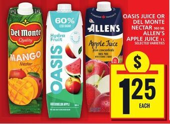 Food Basics Oasis juice or del monte nectar or allen's apple juice offer