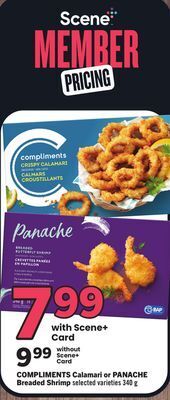 Foodland Compliments calamari or panache breaded shrimp selected varieties 340 g offer