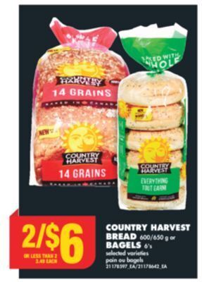 No Frills Country harvest bread, 600/650 g or bagels, 6's offer