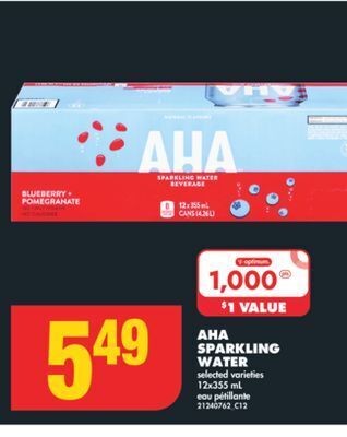 No Frills Aha sparkling water, 12x355 ml offer