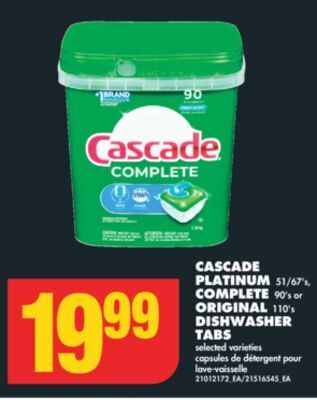 No Frills Cascade platinum 51/67's, complete 90's or original 110's dishwasher tabs offer
