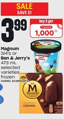Loblaws Magnum, 3/4's or ben & jerry's, 473 ml offer