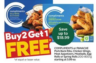 Sobeys Compliments or panache pork back ribs, chicken wings, meat appetizers, meatballs, egg rolls or spring rolls offer