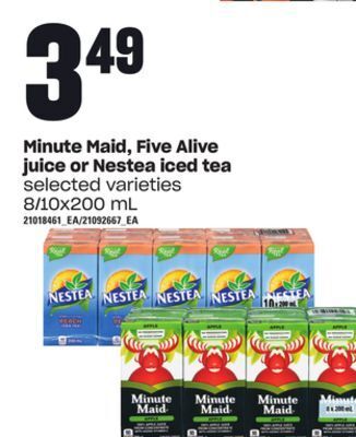 Loblaws Minute maid, five alive juice or nestea iced tea, 8/10x200 ml offer