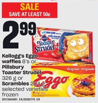 Loblaws Kellogg's eggo waffles, 8's or pillsbury toaster strudel, 326 g or scrambles, 204 g offer