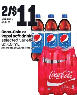 Loblaws Coca-cola or pepsi soft drinks, 6x710 ml offer