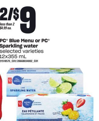 Loblaws Pc blue menu or pc sparkling water, 12x355 ml offer