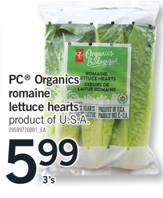Fortinos Pc organics romaine lettuce hearts, 3's offer