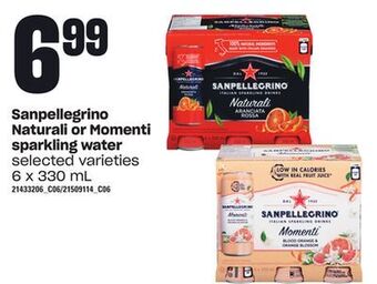Loblaws Sanpellegrino naturali or momenti sparkling water, 6 x 330 ml offer
