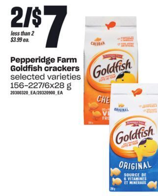 Loblaws Pepperidge farm goldfish crackers, 156-227/6x28 g offer