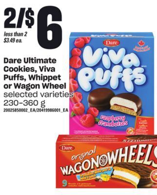 Loblaws Dare ultimate cookies, viva puffs, whippet or wagon wheel, 230-360 g offer