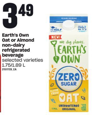 Loblaws Earth's own oat or almond non-dairy refrigerated beverage, 1.75/1.89 l offer