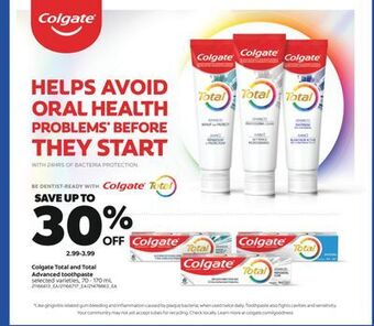 Real Canadian Superstore Colgate total and total advanced toothpaste, 70 - 170 ml offer