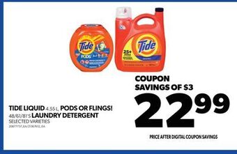Real Canadian Superstore Tide liquid, 4.55 l, pods or flings!, 48/61/81's laundry detergent offer
