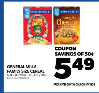 Real Canadian Superstore General mills family size cereal, 475-778 g offer