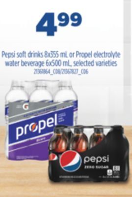 Real Canadian Superstore Pepsi soft drinks, 8x355 ml or propel electrolyte water beverage, 6x500 ml offer