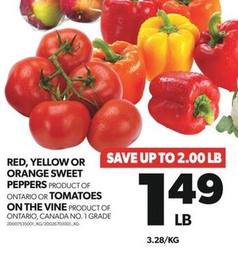 Real Canadian Superstore Red, yellow or orange sweet peppers or tomatoes on the vine offer
