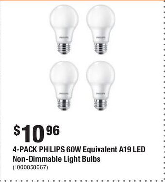 Home Depot 4-pack philips 60w equivalent a19 led non-dimmable light bulbs offer