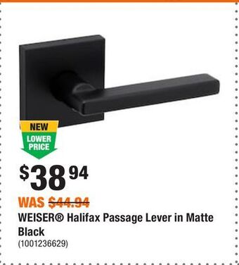 Home Depot Weiser halifax passage lever in matte black offer