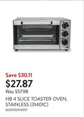 Walmart Hb 4 slice toaster oven, stainless (31401c) offer