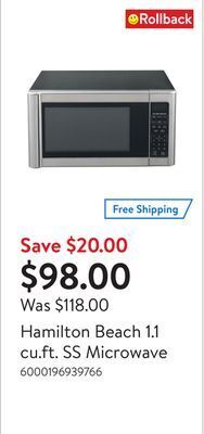 Walmart Hamilton beach 1.1 cu.ft. ss microwave offer