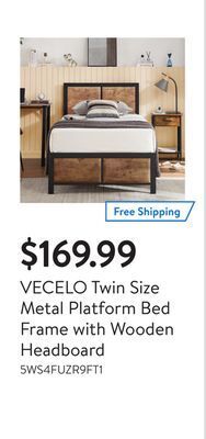 Walmart Vecelo twin size metal platform bed frame with wooden headboard offer
