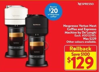 Walmart Nespresso Vertuo Next Coffee and Espresso Machine by De'Longhi offer