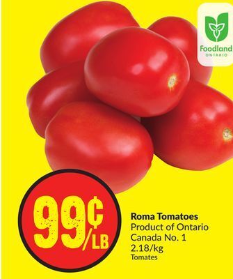 Chalo FreshCo Roma tomatoes product of ontario canada no. 1 2.18/kg offer