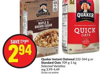 FreshCo Quaker instant oatmeal 232-344 g or standard oats 709 g-1 kg selected varieties offer