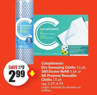 FreshCo Compliments dry sweeping cloths 16 pk, 360 duster refill 6 pk or all-purpose reusable cloths 15 pk offer