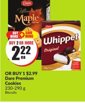 FreshCo Or buy 1 $2.99 dare premium cookies 230-290 g biscuits offer